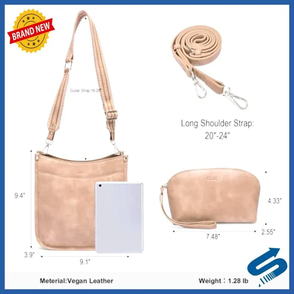 Vegan Leather Crossbody Hobo Bag with Adjustable Guitar Strap Multi-Pocket
